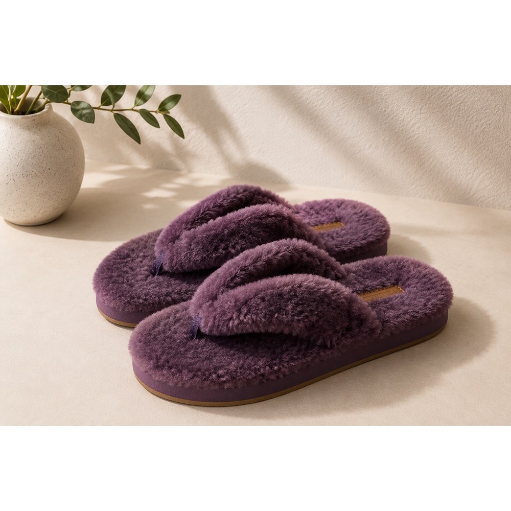 OluKai Plush Shearling Flip Flop Slippers in Purple